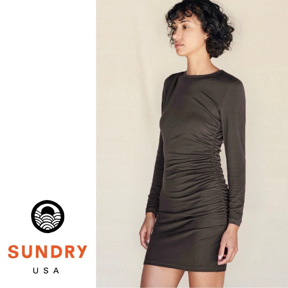 Sundry by Anthropologie Ruched Black Long Sleeve Dress Size 2